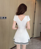 【2色】 ミニドレス キャバドレス セクシー Vネック ダブルボタン ウエストマーク 半袖 ワークワンピース 大人カジュアル デート  LW2-DD5873