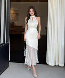 ロングドレスホルターネックマーメイドドレスセクシーエレガント韓国っぽ気質同伴サテンドレス WQ2-ZED889846GT347