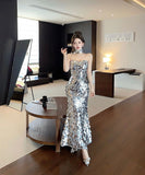 ロングドレスキラキラキャバドレスベアトップセクシー高級感誕生日パーティー宴会マーメイドドレス WQ2-DD4299