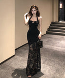 ロングドレスホルターネックセクシーレース谷間見せバックレスドレスパーティー宴会キャバドレス WQ2-XKD-D529-6753-Mar7