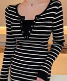Lady's coco ロングドレス キャバドレス セクシー 秋冬新作 ニットワンピース クルーネック 長袖 ストライプ柄 タイトシルエット ミディ丈 LW2-DD6032