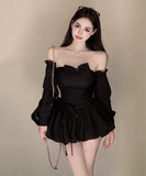 Lady's coco ミニドレス キャバドレス セクシー  立体シルエット オフショルダー  ウエストマーク フレア パフスカート フェアリー ガーリー デート LW2-XKDD435B-8892-Oct15