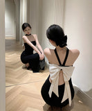 ロングドレスベアトップリボンセクシーエレガントバックレスドレスパーティーホルターネック WQ2-XKD-D408A-5049-Mar16