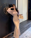 ロングドレス高級感袖付きマーメイドドレス着痩せ気質宴会パーティーセレブ風ハイウエストセクシーパープル WQ2-XKD-D337B-3437-May2