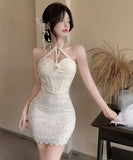 【2色】 ミニドレス セクシー キャバドレス レース ホルターネック ナイトクラブ タイトドレス パーティー ホルターネック WQ2-ZED885246BH453