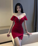 【4色】ミニドレス キャバドレス ワンピース セクシー Vネック谷間見せ フリル袖 着痩せ パーティー ドレス KS2-DD3009