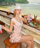 上下セットビキニ水着体型カバーワンピースビキニ花柄レースフリル露出控え温泉ビーチ海 WQ7-GM-adn006