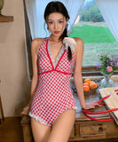 【2色】水着ビキニモノキニタンキニ体型カバーホルターネックセクシー谷間見せチック柄温泉ビーチ海旅行 WQ7-FH-qing001