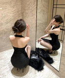 膝丈ドレスキャバドレスホルターネックセクシーバックレスドレス同伴おしゃれ女子力美足効果肌見せ WQ2-ZED881233DXH348B