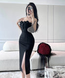 膝丈ドレスキャバドレスベアトップフラワーセクシーエレガント気質ナイトクラブキャバクラ谷間見せ WQ2-DD4819