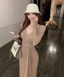 【3色】ロングドレス キャバドレス セクシー 秋冬 大人カジュアル シェイプアップ Vネック ノット 結び目 デート パーティー JC2-XKDD355-5887-Aug27