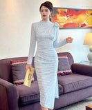 Lady's coco ロングドレス キャバドレス セクシー ブルーチェック タイトワンピース デザインリボン スリット入り 上品 スタイル 二次会 披露宴 上品  LW2-JY56009