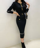 【2色】Lady's coco ロングドレス キャバドレス セクシー クルーネック 長袖 バイカラー ニットワンピース ポケット付き ウエストリボン LW2-DD6031