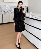 【ロング＆ミニ】ヘップバーン風 ベロアドレス ビジュー 上品 デート 女子会 LW2-DD6026