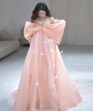 ロングドレス キャバドレス パーティードレス ピンク 羽根付き 蝶結び エレガント パーティー 誕生日 結婚式 披露宴 LW2-ZX219