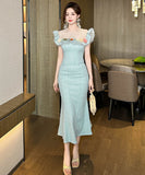 手作りドレス膝丈ドレスフリル気質マーメイドドレス宴会パーティーセレブ風フラワー高級感 WQ2-JY50935