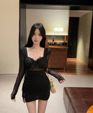 【2色】 ミニドレス キャバドレス セクシー  ナイトドレス ミニ丈 タイトワンピース オフショル Vネック リボンポイント ボディライン LW2-DD5839