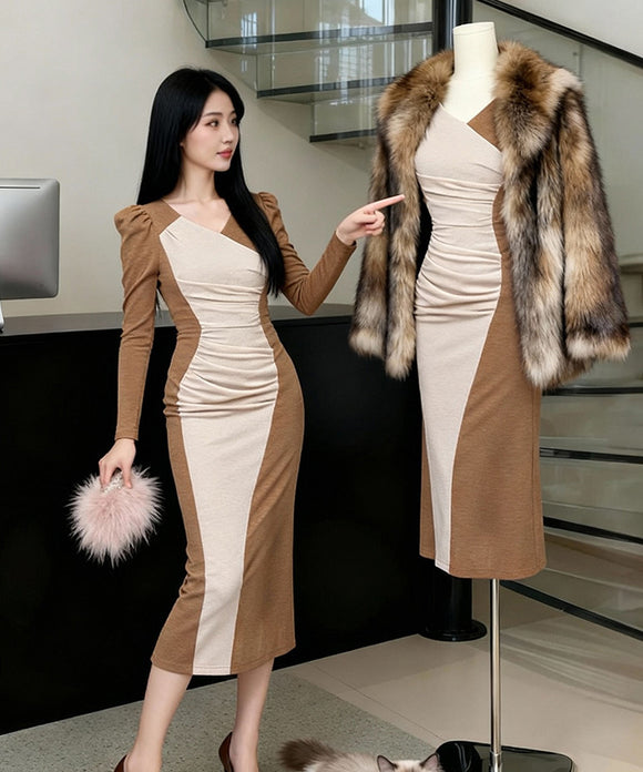 Lady's coco ロングドレス キャバドレス セクシー フレンチ風 Vネック デザイン バイカラー タイトワンピース 包臀ライン LW2-JY21896