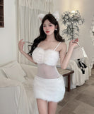 【2色】 ミニドレス キャバドレス セクシー キャミソールワンピース 透けメッシュ×フェザー切り替え タイトセクシー ドレス Vネック LW2-DD6013