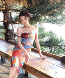 ビキニ水着ワンピース油絵柄ベアトップフリル大人可愛いビキニ水着温泉 WQ7-CF-AD35032