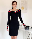 Lady's coco 膝丈ドレス キャバドレス セクシー 韓国スタイル 新作 バイカラー タイトワンピース オフショルダー LW2-DD6033