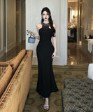 ロングドレスキャバドレスキラキラホルターネックセクシー高級感宴会パーティー誕生日気質 WQ2-DD4160