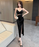 【2色】ロングドレス キャバドレス セクシー  ベロア  タイト ロング丈 パーティー LW2-DD5842