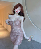 【2色】ミニドレス キャバドレス レース party キラキラ 谷間露出 セクシー YH2-DD5734