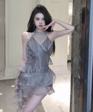 ミニドレスホルターネックチュール大人可愛いフリル非対称パーティー気質フランス風 WQ2-SJHY-X4699