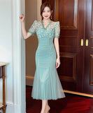 ロングドレス手作りドレス高級感レースチュールマーメイドドレスVネック小顔着痩せ気質宴会パーティー二次会高級感 WQ2-JY21099