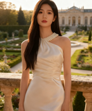 膝丈ドレス キャバドレス セクシー ギャザー ハンドメイド ノースリーブ サテン ホルターネック パール装飾 エレガント パーティー 女子会 JC2-HX250924