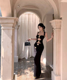 ロングドレスフラワー透かし彫りホルターネック宴会パーティーナイトクラブキャバドレス肌見せ WQ2-ZED888610DXH238A