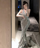 ロングドレスキャバドレスキラキラホルターネック谷間見せイベント高級感華奢感ナイトドレスセクシー誕生日パーティー宴会 WQ2-ZED883589HS109