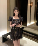 ミニドレスレースリボンパフスリーブエレガント体型カバー宴会パーティー女子力通勤 WQ2-ZED883254DXH502