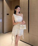 ミニドレス ワンショルダー シフォンワンピース ウエストマーク ティアードドレス KS2-CD1-119-95790620