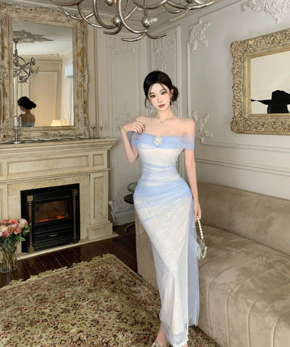 ロングドレスチュールオフショルダーセクシーエレガントフラワーパーティー演奏会宴会セクシーレース WQ2-ZED888626DXH238A