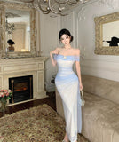 ロングドレスチュールオフショルダーセクシーエレガントフラワーパーティー演奏会宴会セクシーレース WQ2-ZED888626DXH238A