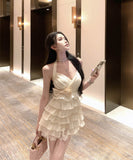 ティアードスカートミニドレスホルターネックカワセクシーパーティー誕生日パーティーリボン手作りドレスセクシー谷間見せ WQ2-XKD-D318A-6304-Apr9