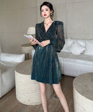 【2色】手作り 膝丈ドレス スイート Ｖネック セレブ風 かわいい キラキラ YH2-JY70250