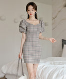 ミニドレス キャバドレス かわいい チェック 着痩せ おしゃれ パフ袖 YH2-ZED882568BH506