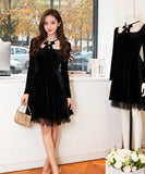 Lady's coco 膝丈ドレス キャバドレス セクシー  ベロアドレス パール付き クルーネック リボンデザイン ウエストマーク 長袖 フレアワンピース 上品デザイン デート 女子会 パーティー お呼ばれ 二次会 LW2-JY45408