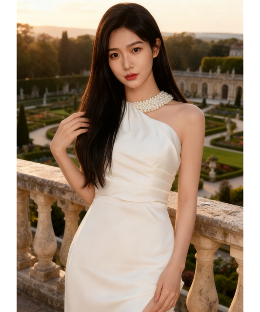 膝丈ドレス キャバドレス セクシー ギャザー ハンドメイド ノースリーブ サテン ホルターネック パール装飾 エレガント パーティー 女子会 JC2-HX250924