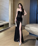 ロングドレス パーティードレス ゴージャス セクシー 脚長効果 背露出 透け感 YH2-YM9166