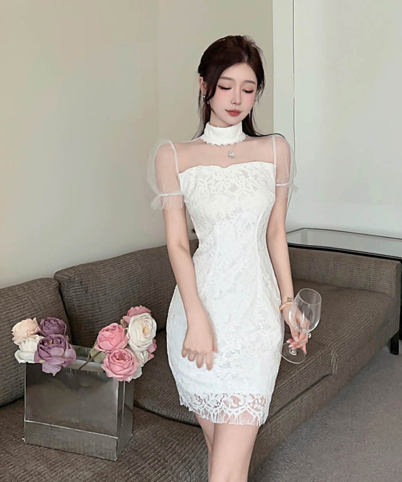 ミニドレスチュールセクシーパフスリーブレースエレガント大人可愛い気質キャバクラ WQ2-DD4842