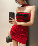 Lady's coco ミニドレス キャバドレス セクシー ベロア チューブトップ キャミワンピース ホルターネック リボン付き タイト LW2-OYF2661