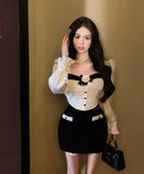 【2点セット】ミニドレス セクシー ツバキモチーフ シャネル風デザイントップス × ベルベットタイトスカートセットアップ 上品フィット＆美シルエット 女子会 デート JC2-XKDD426-7120-7121-Sep18