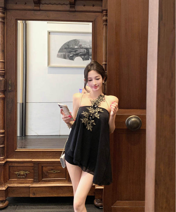 ミニドレスワンショルダー刺繍セクシー谷間見せシャツセクシー着痩せ気質コーデ万能 WQ2-XKD-D408A-2067-May25