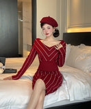 【5色】膝丈ドレス キャバドレス 上品Vネック 配色 ニットワンピース エレガント 大人可愛い ツイード風 長袖 JC2-DD5603