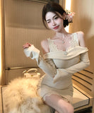 【2色】ミニドレス キャバドレス セクシー フレンチエレガント オフショルダー レース切替 ニット スリムフィット 秋冬 デート お出かけ JC2-XKDD426-7932-Sep21