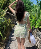 【2色】水着ビキニワンピース花柄Vネックリボンカワセクシー温泉ビーチ海レース WQ7-JX243052JX65